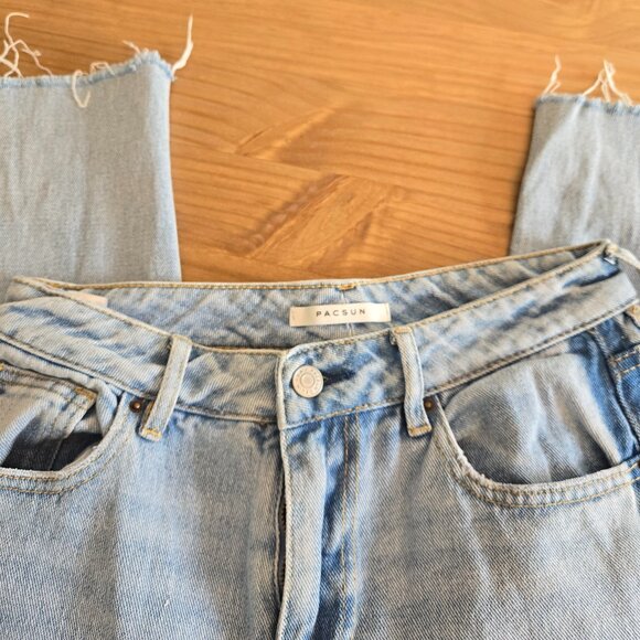 PACSUN Mom Jean Side Stripe Hi Rise Tapered Leg Frayed Hem Faded Denim Women 26 - Picture 3 of 6